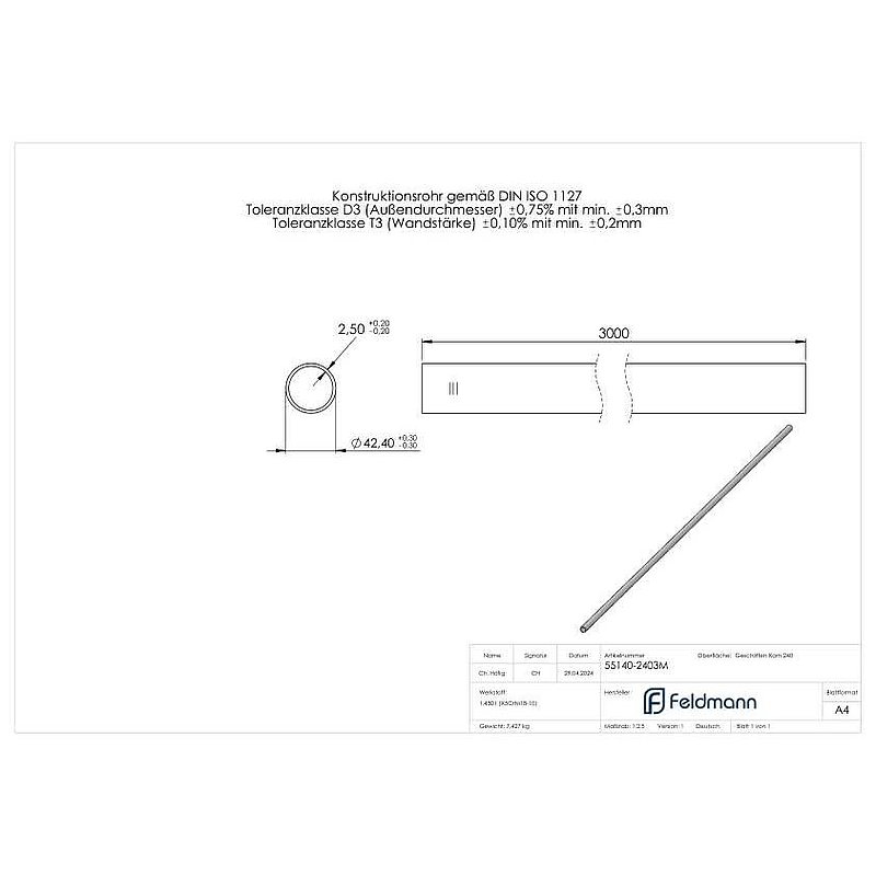 Tube rond acier inoxydable, Ø 42,4x2,5mm, L: 3000mm, V2A