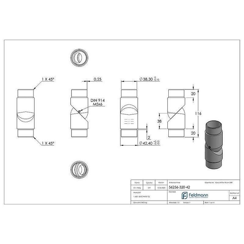 Joint piece, for tube 42.4x2.0mm, AISI304