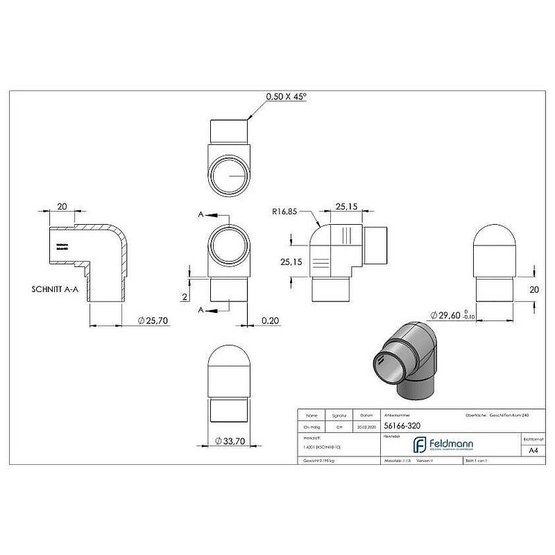 Rohrbogen 90° eng, für Rohr 33,7x2,0mm, V2A