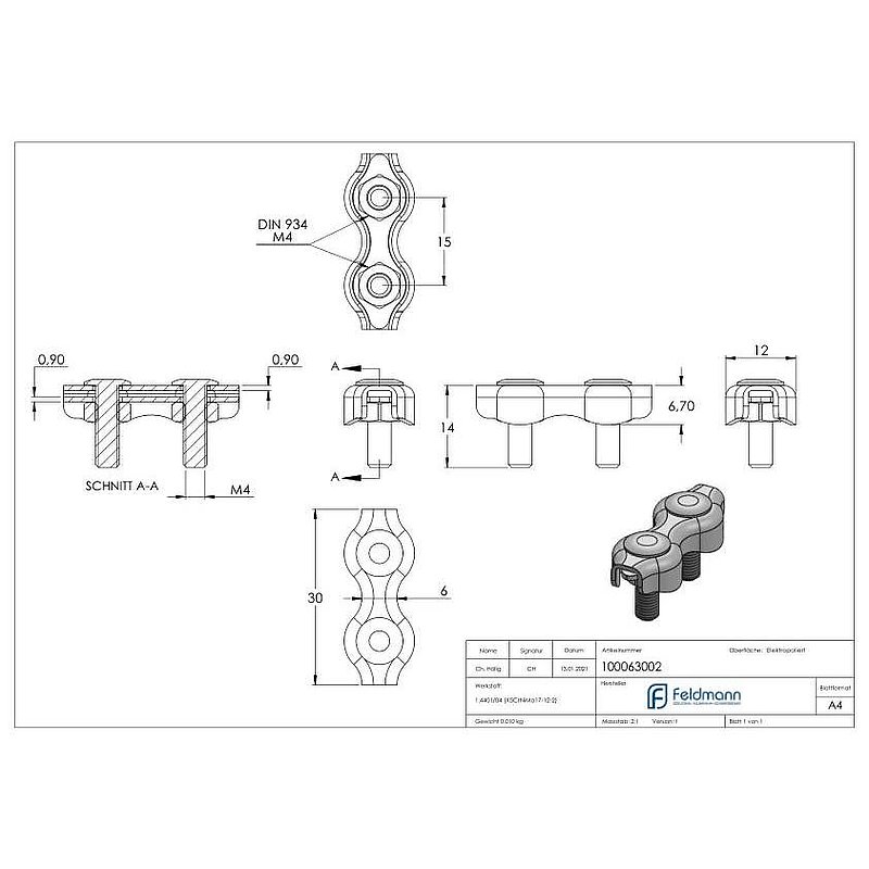 Serre-câble plat double pour câble 2mm, V4A