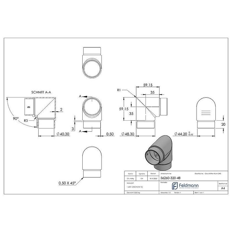 Eckstück 90° kurz, für Rohr 48,3 x 2,0mm, V2A