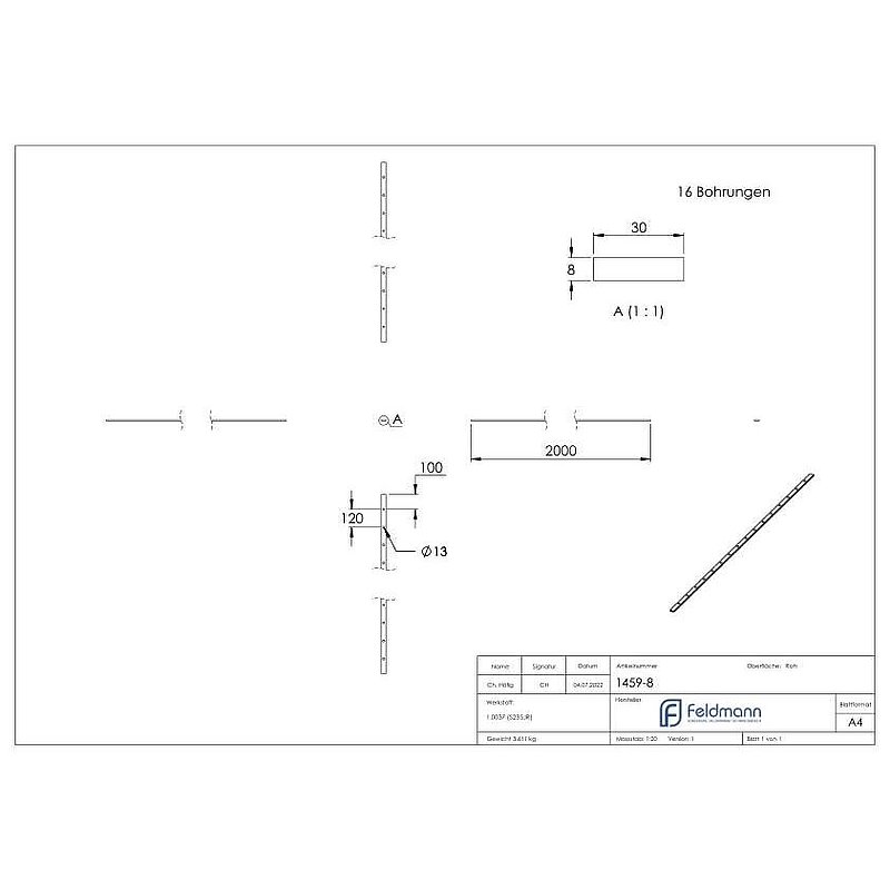 Barre à trous S235JR, 30x8mm, entraxe des trous 120mm, 2000mm