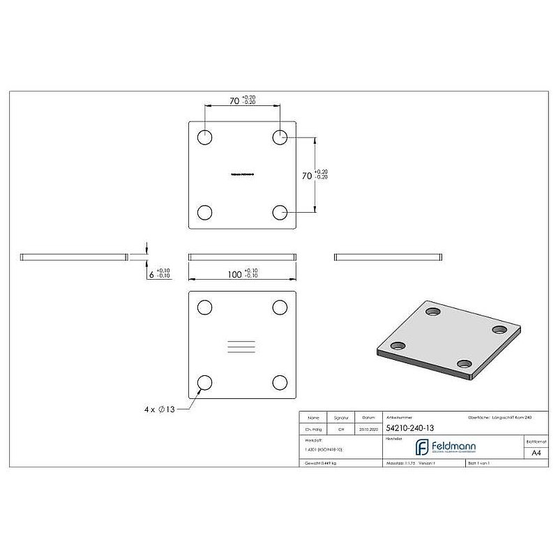 Anchor plate, 100x100x6mm, with longitudinal grinding, AISI304