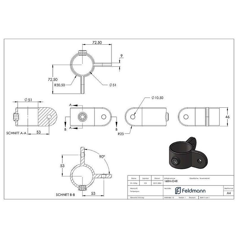 Halter mit 2 Laschen, 90°, für Rohr Ø 48,3mm