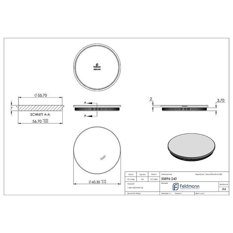 Bouchon pour extrémité de tube, pour tube 60,3x2,0mm, V2A