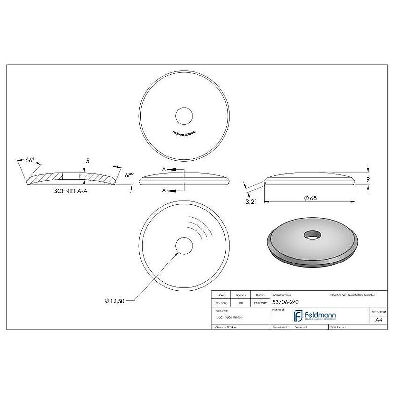 Round disc, Ø 68x5mm, domed, with round cut, AISI304