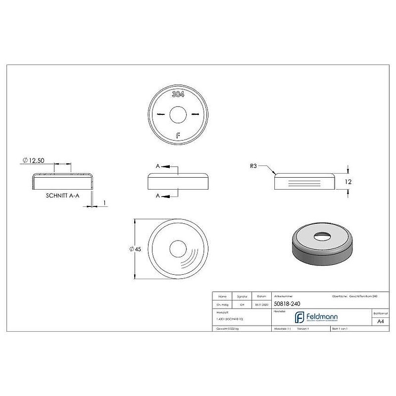Rosace de recouvrement, 45x12mm, perçage Ø 12.5mm, V2A
