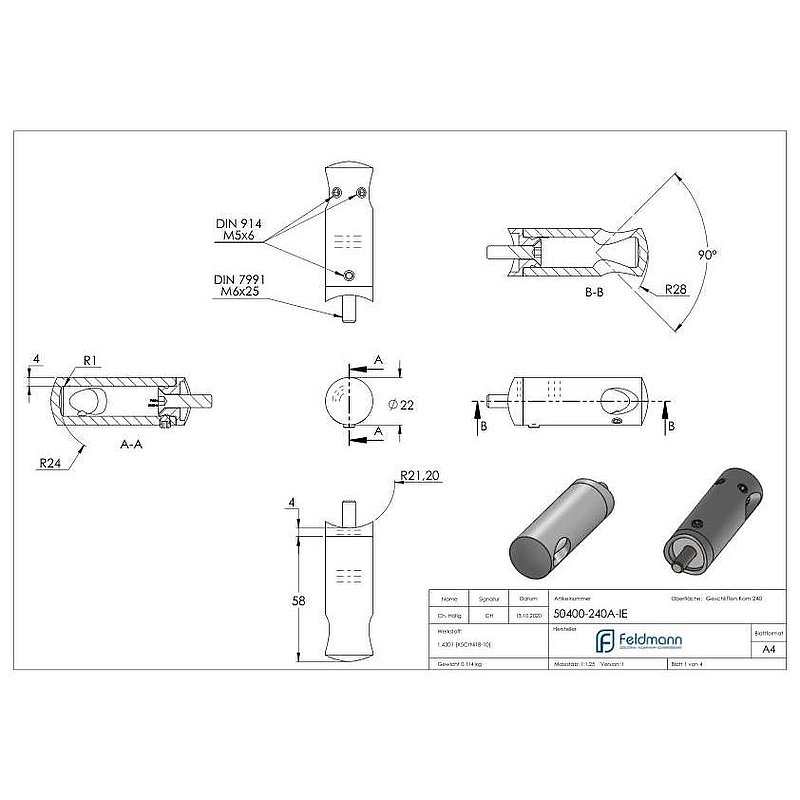 Cross bar holder for 42.4 mm tube, 12.2 mm hole, inside corner, AISI304