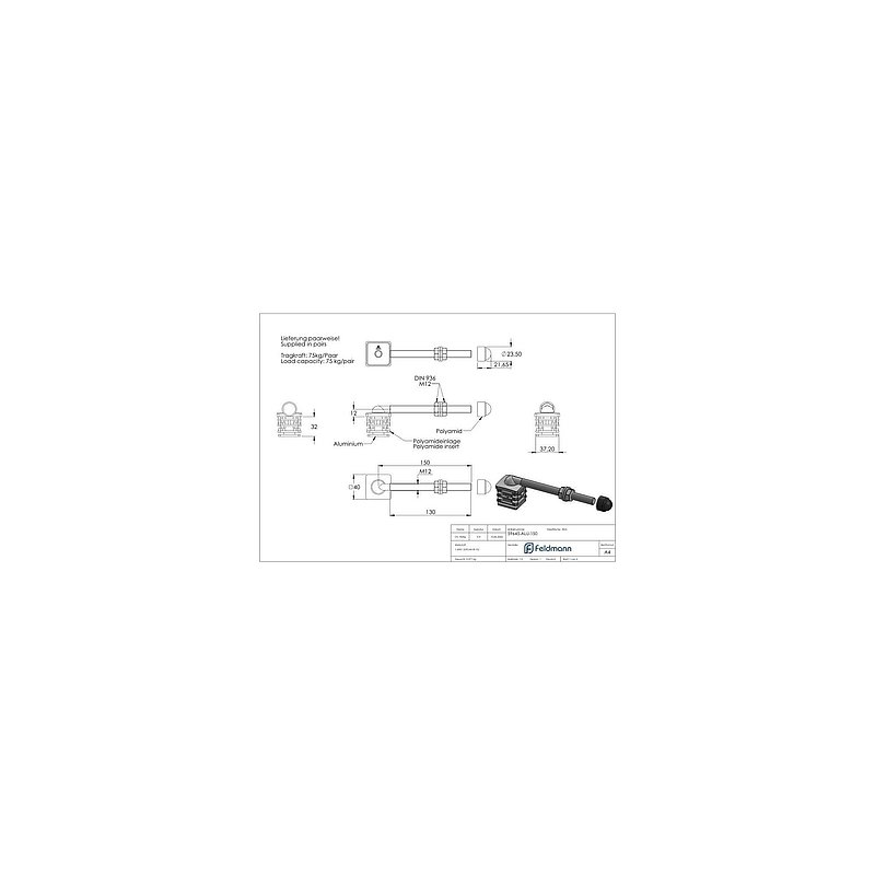 Gate hinge set M12 with length 150mm for tube 40 x 40 x 2,0mm with aluminium caps
