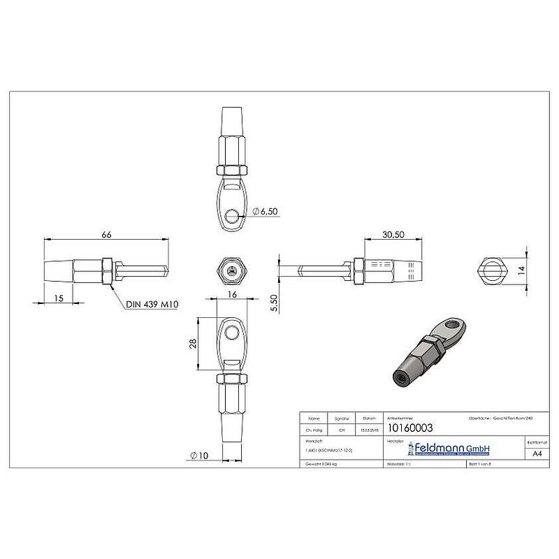 Augenterminal zur Selbstmontage für Seil Ø 3mm, V4A