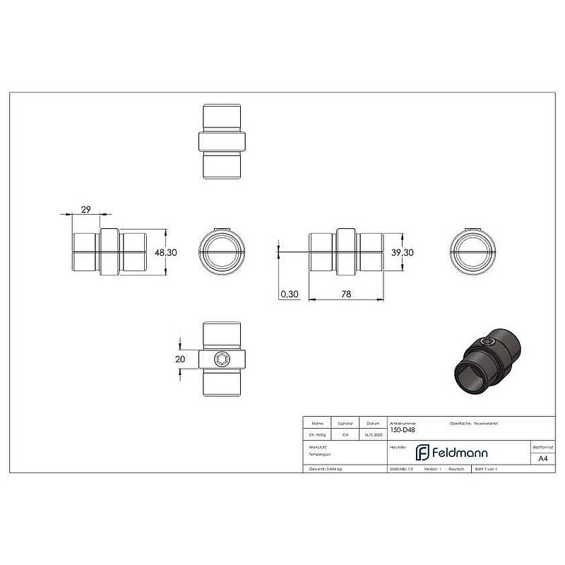 Connector, straight, in tube, for pipe Ø 48.3 mm