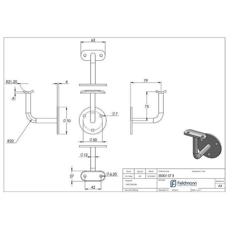 Handlaufträger mit Ronde flach, 70x4mm