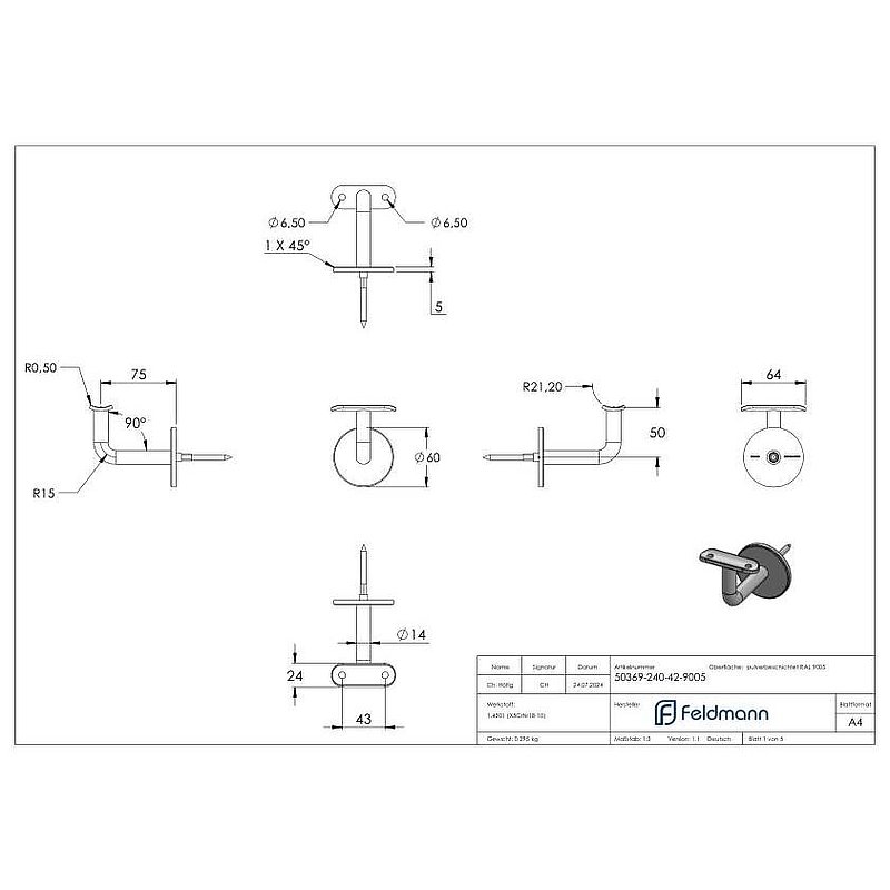 handrail bracket with 42.4 mm plate (round plate and bracket welded), V2A coated in RAL 9005