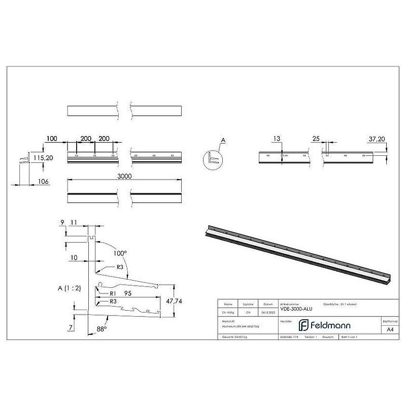 Profilé pour auvent en verre autoportant eleganza canopy, L: 3000mm, E4/EV1