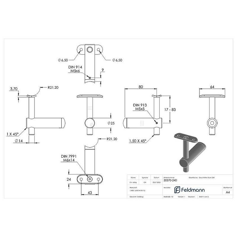 Handlaufhalter mit Handlaufanschlussplatte42,4mm, V2A