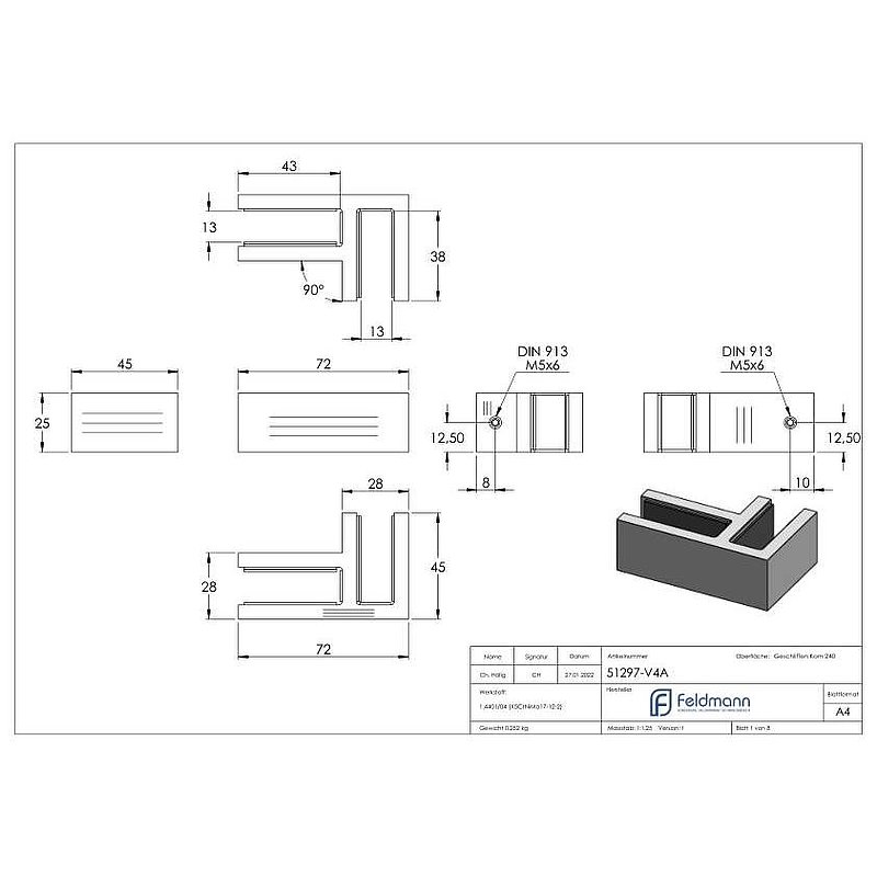 Glasverbinder 90°, für Glas 12 - 12,76mm, V4A