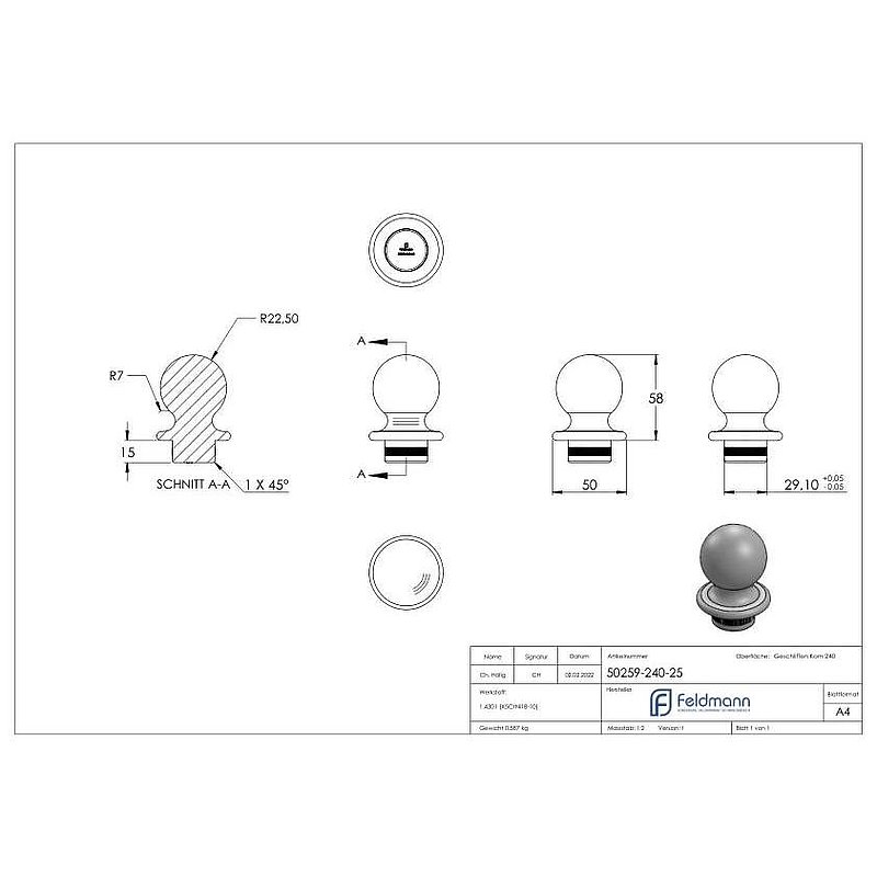 Embout sphérique, pour tube 33,7x2,5mm, V2A