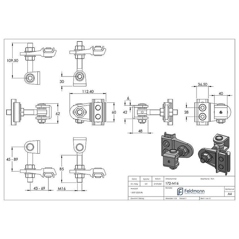 Door hinge M16, 4-way adjustable, 180°