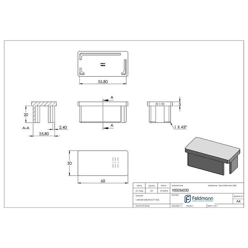 Push-in cap, for tube 60x30x2.0mm, AISI316