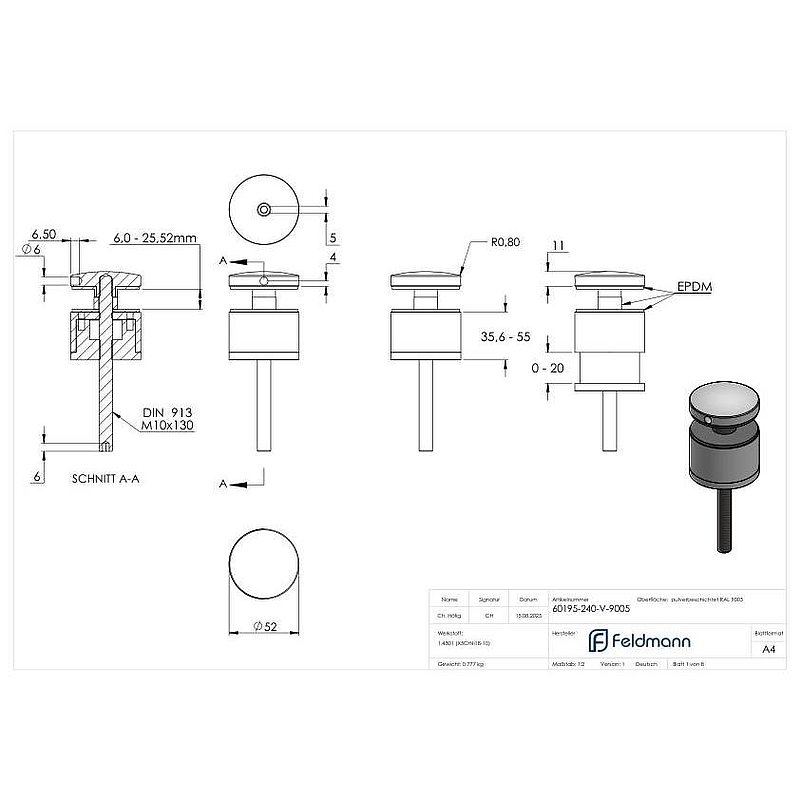 Point de fixation 52mm, plat, réglable, V2A, revêtu par poudre en RAL 9005 noir mat
