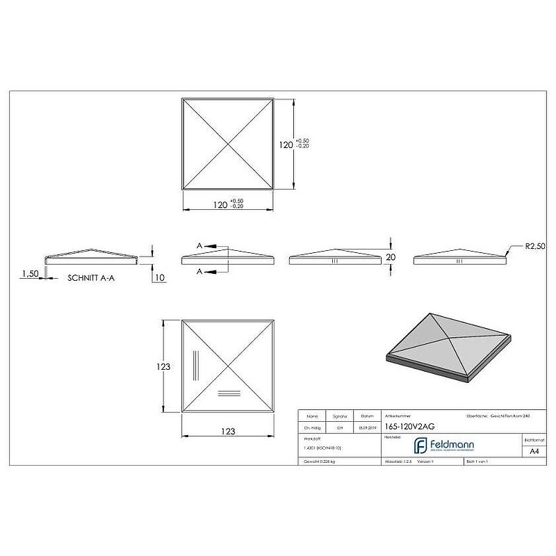 Pyramidenkappe, für Rohr 120x120mm, V2A