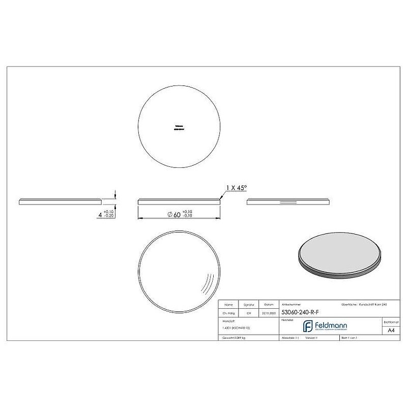 Round plate Ø 60x4mm, with round grinding and chamfer, AISI304