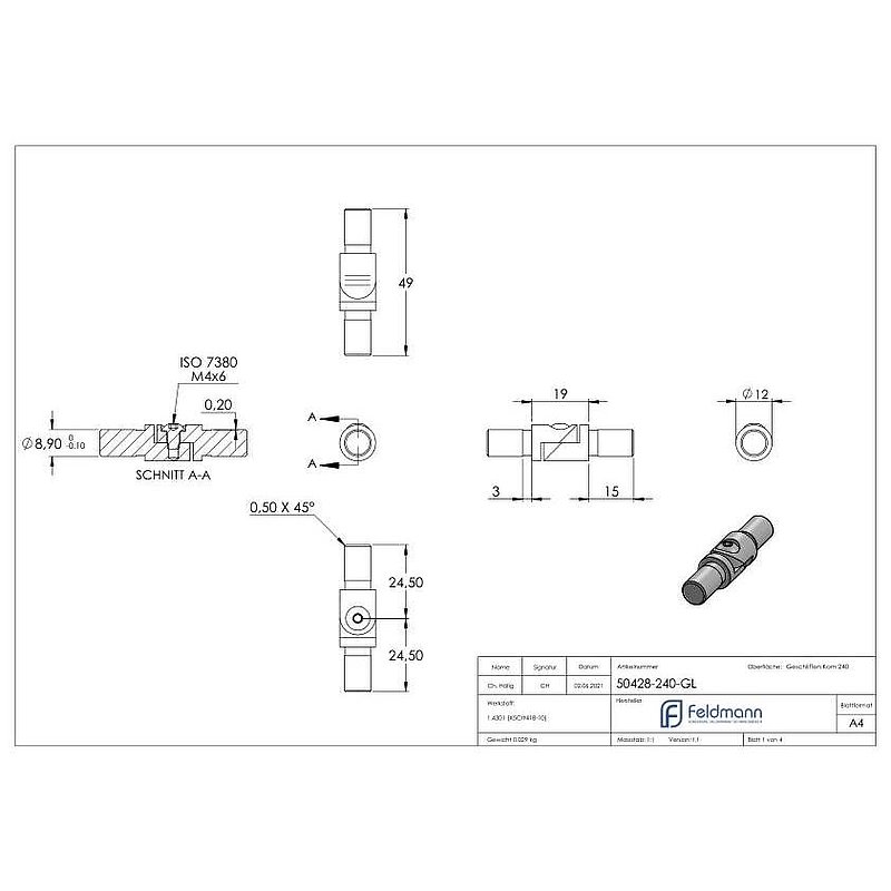 Rohrverbinder mit Gelenk für Rohr 12,0x1,5mm, V2A