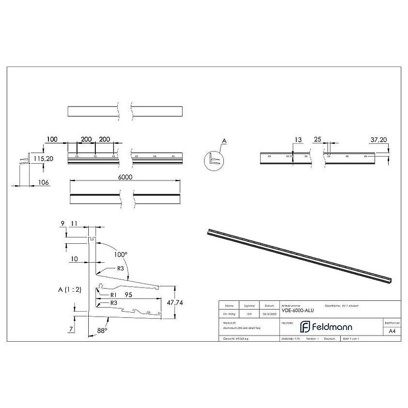 Profilé pour auvent en verre autoportant eleganza canopy, L: 6000mm, E4/EV1