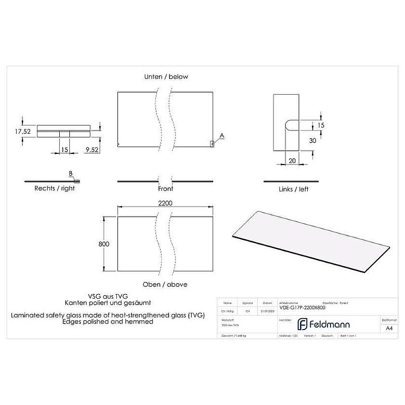 Eleganza canopy Glas: 2200x800mm VSG aus 2x8mm TVG mit 1,52mm PVB