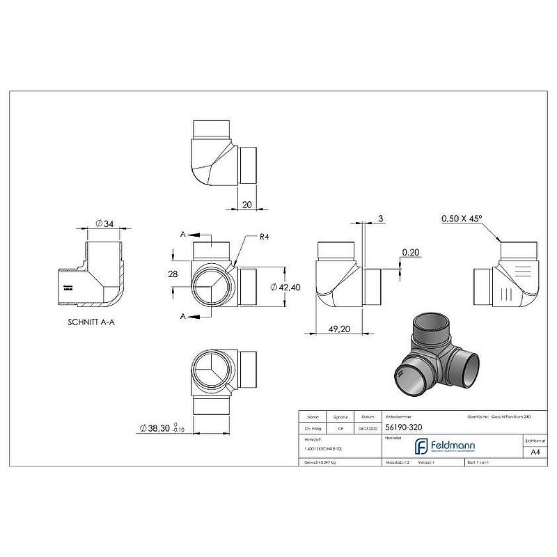 Ecke 90° mit Abgang, für Rohr 42,4x2,0mm, V2A