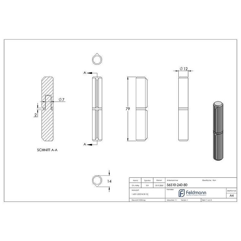 Anschweißband, L: 80mm, mit festem Stift, V2A