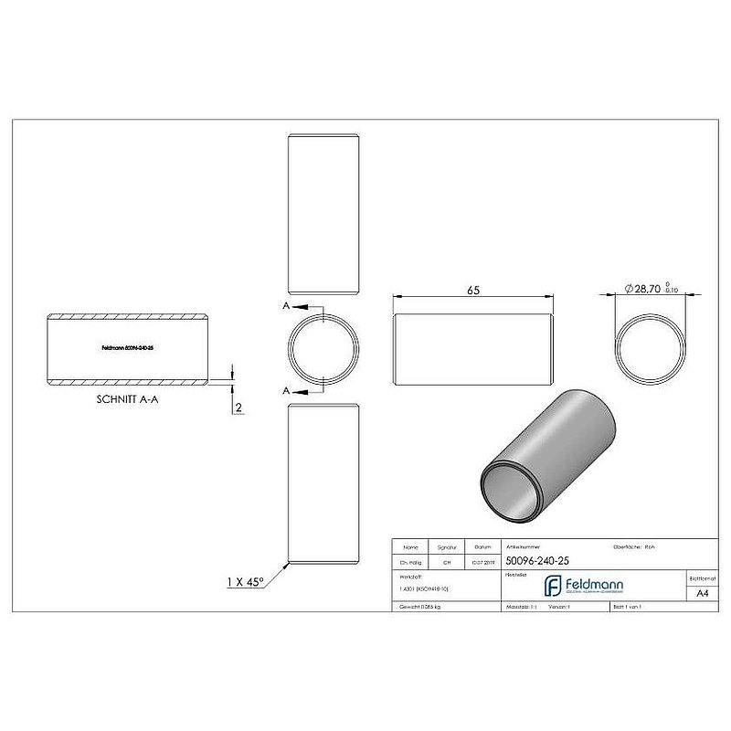 Raccord lisse pour tube Ø 33,7x2,5mm, V2A