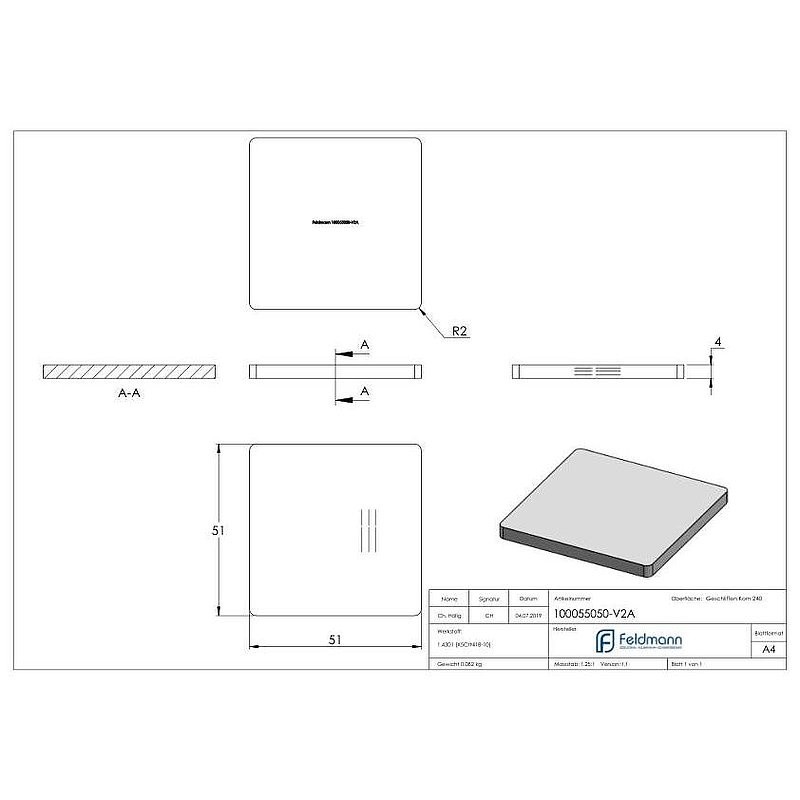 Weld-on plate for tube 50x50, AISI304