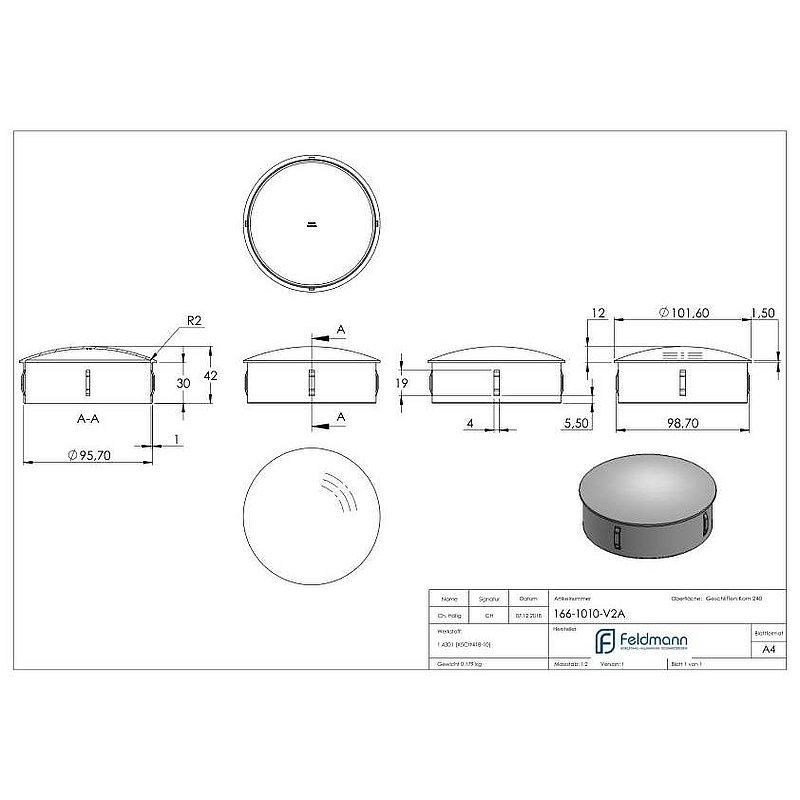 Rohrabschlussstopfen, für Rohr 101,6x2,0 - 2,5mm, V2A