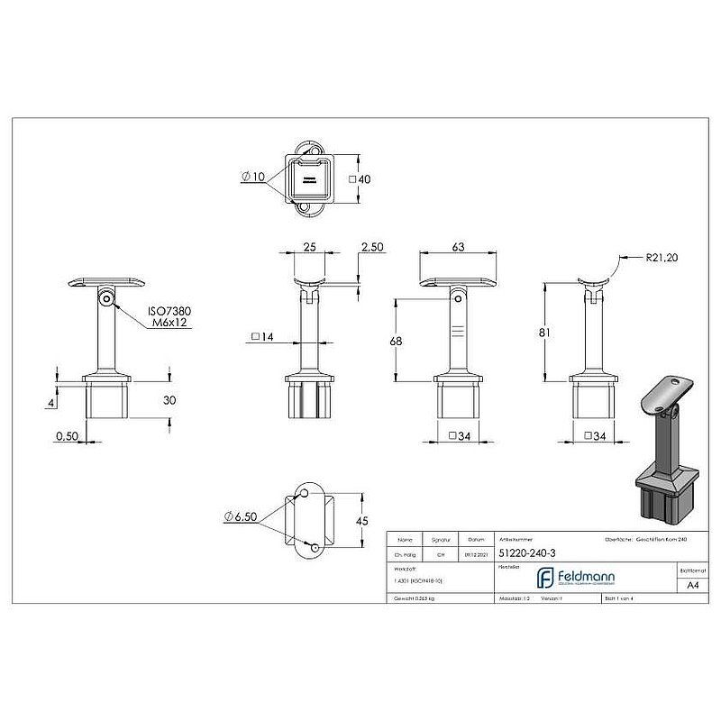 Tube end plug with hinge pin for tube 40x40x3mm, AISI304