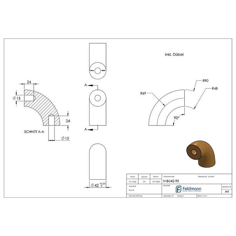 90° bend for wooden handrail beech