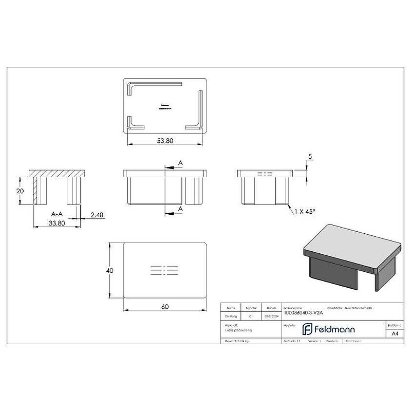 Push-in cap, for tube 60x40x3.0mm, V2A