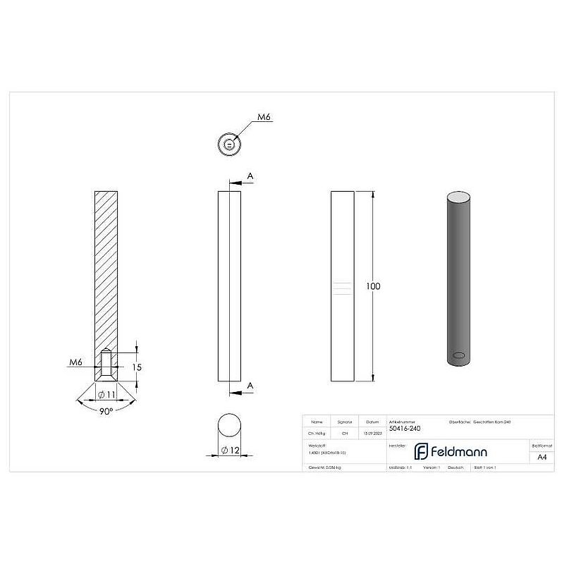 Stift Ø 12mm, L: 100mm, V2A