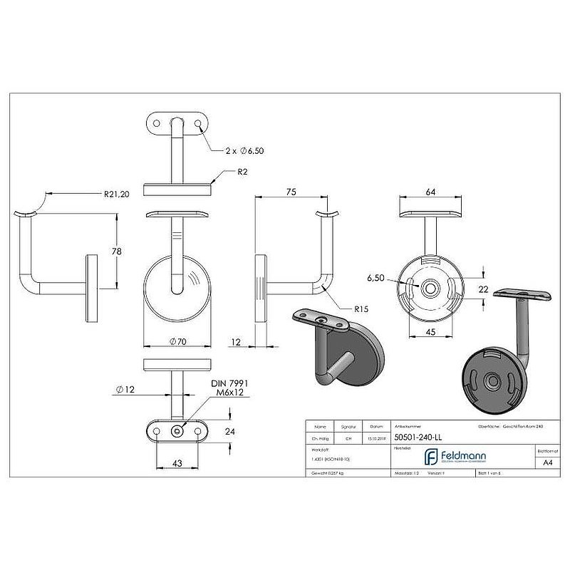 Handrail bracket with handrail connection plate and cover rosette (round plate and bracket welded),