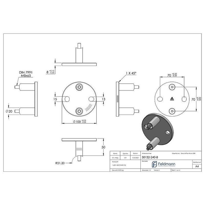 Wall mounting for railing posts 42.4 mm, AISI304