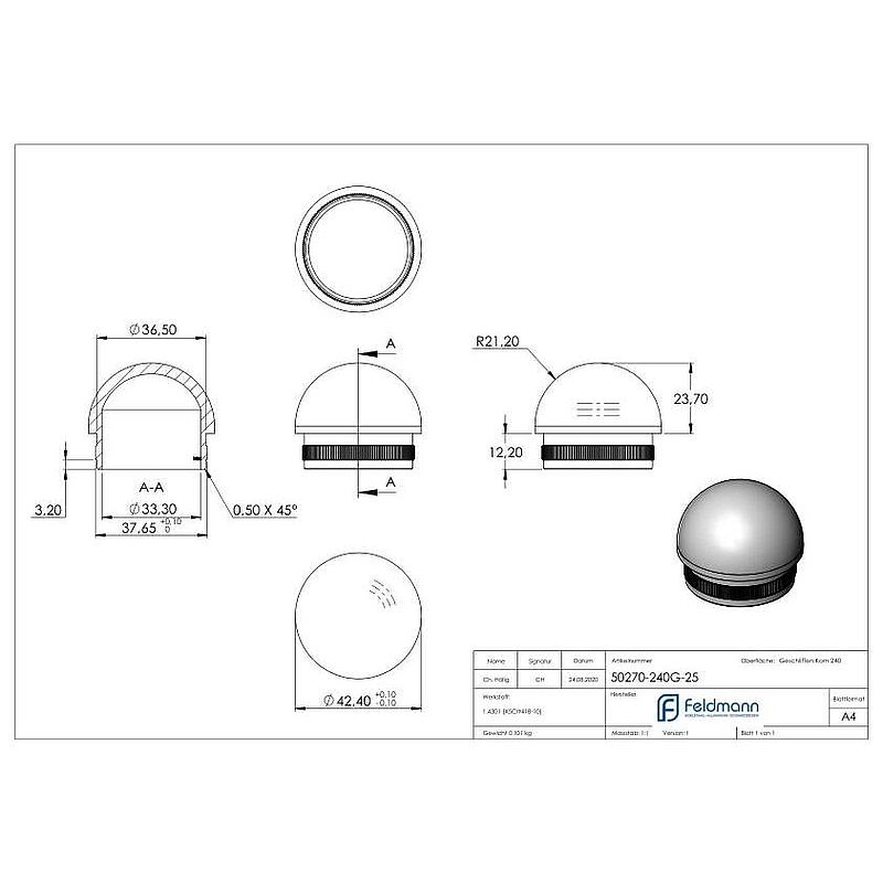 Rohrabschlussstopfen, für Rohr 42,4x2,5mm, V2A