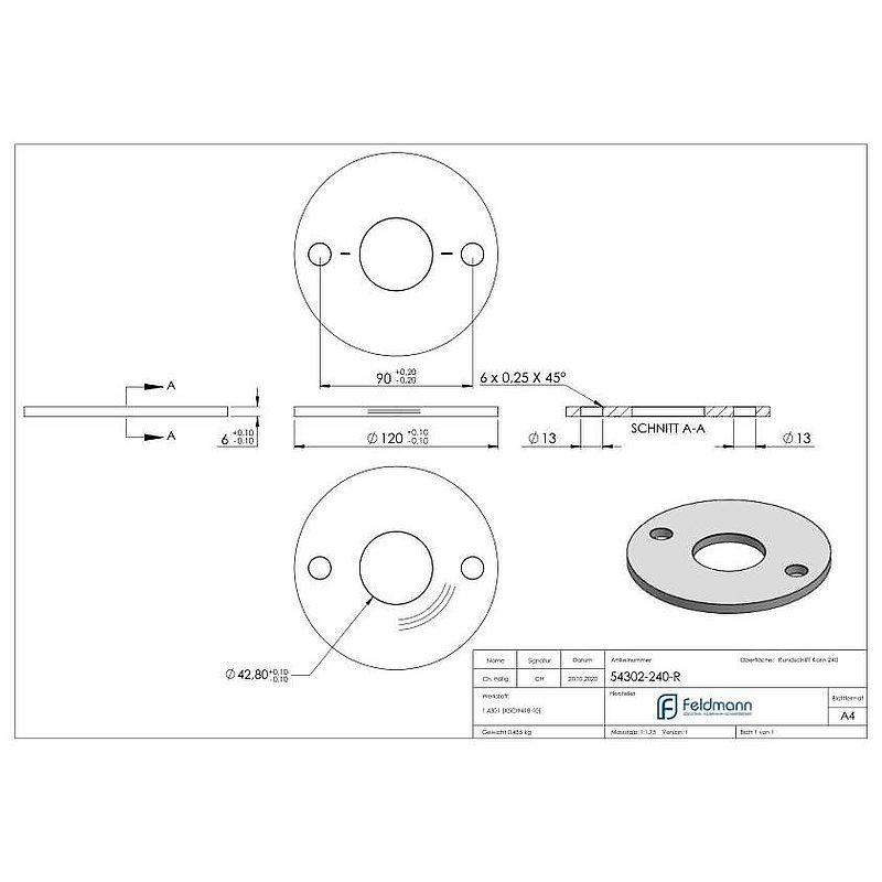 Plaque d'ancrage Ø 120x6mm, avec ponçage circulaire, V2A