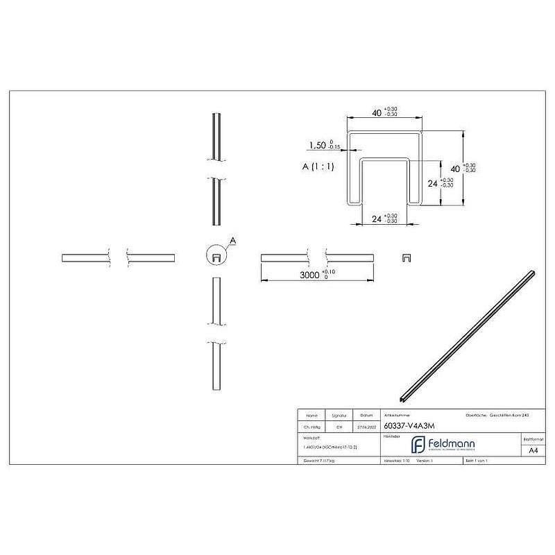 Quadratnutrohr, 40x40x1,5 mm, L: 3000mm, V4A