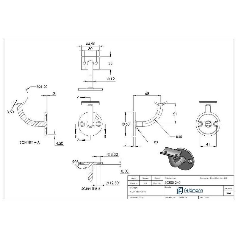 Handlaufhalter mit Handlaufanschlussplatte 42,4mm, (Ronde und Bügel verschweißt), V2A