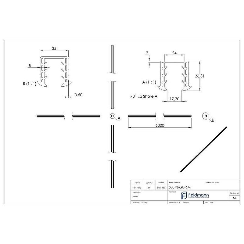 Wedge seal for glass 20.76 - 21.52mm, for groove 34x34mm, 6m