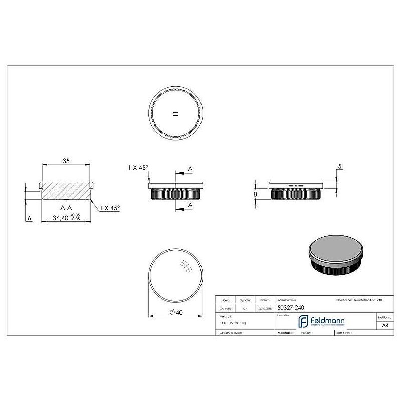 Bouchon pour extrémité de tube, pour tube 40,0x2,0mm, V2A