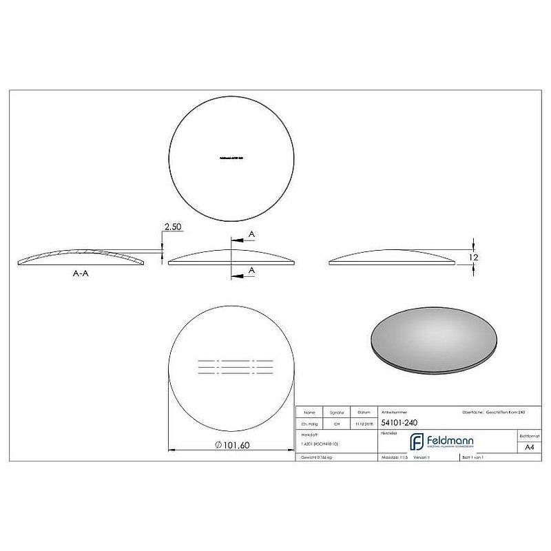 Gewölbte Schale Ø 101,6x2,5mm, H: 12mm, V2A