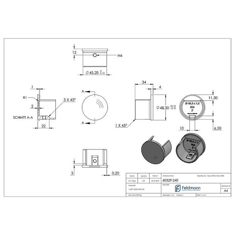 Endkappe, flach, für Nutrohr 48,3mm, V2A