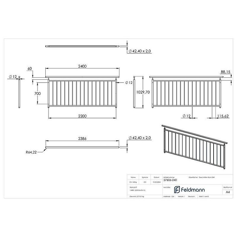 Balcon à la française, droit, L: 2200mm, V2A