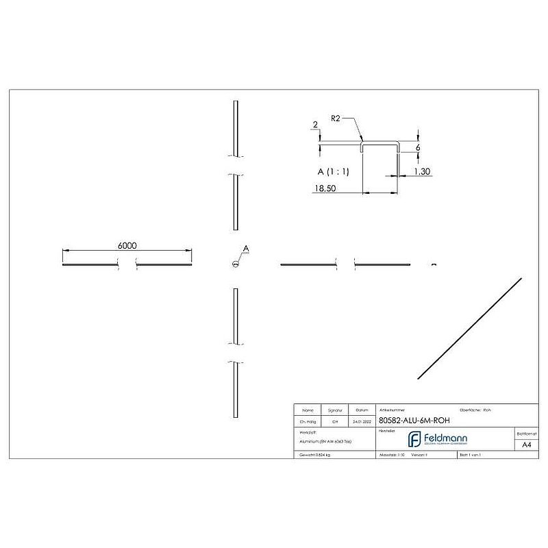 Edge protection EXTRA SLIM, for glass 16.00 - 17.52mm, L: 6000mm, raw aluminium